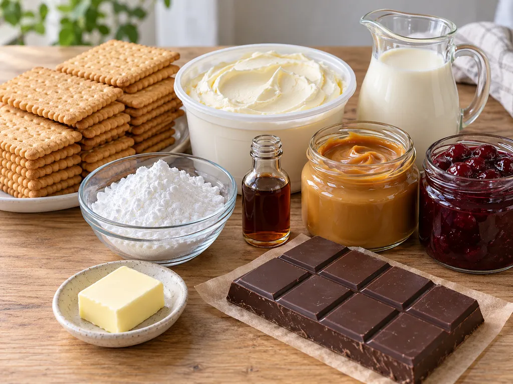 Surowe składniki na ciasto bez pieczenia: herbatniki, mascarpone, śmietanka, kajmak i dżem wiśniowy