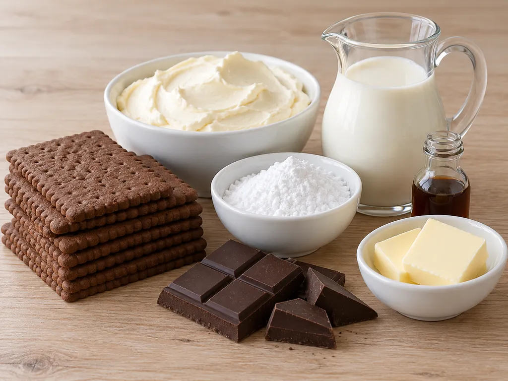 Składniki na ciasto bez pieczenia z herbatników kakaowych i mascarpone na drewnianym stole