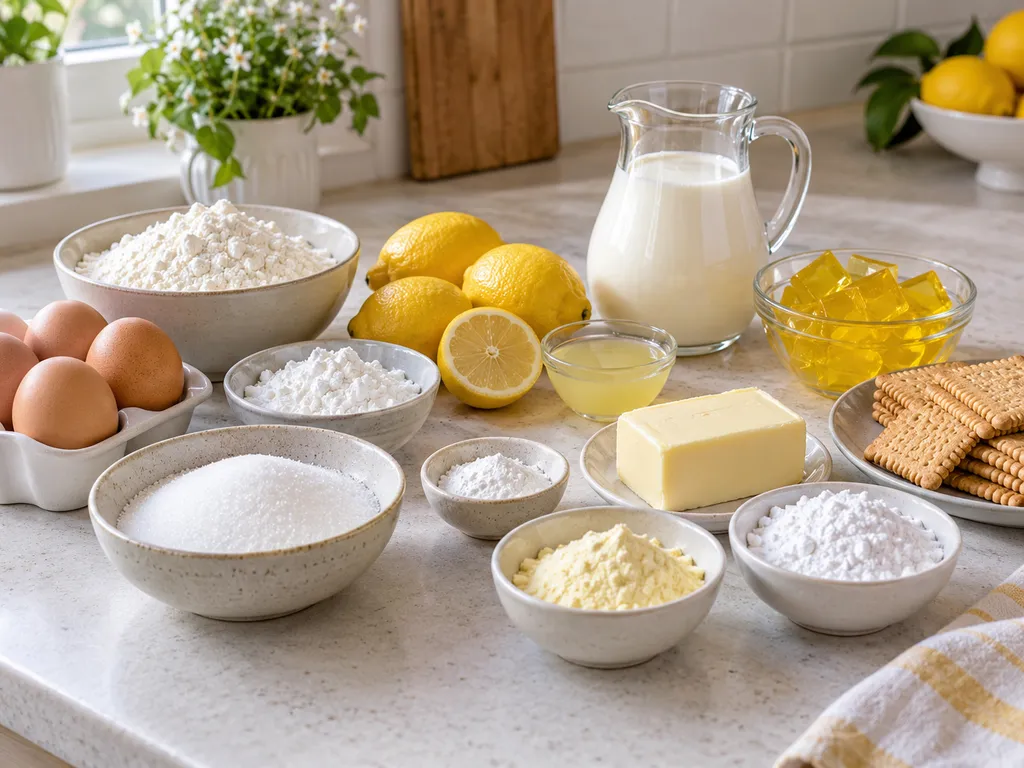 Składniki na ciasto cytrynowiec z cytrynami, masłem, śmietanką i herbatnikami
