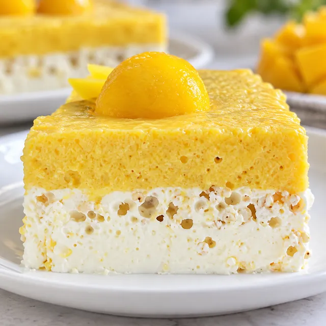 Ciasto hinduska baletnica z kremową warstwą i mango na wierzchu