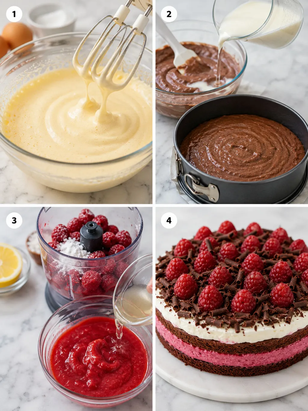 Four steps of making a cocoa layer cake with cream and raspberry mousse