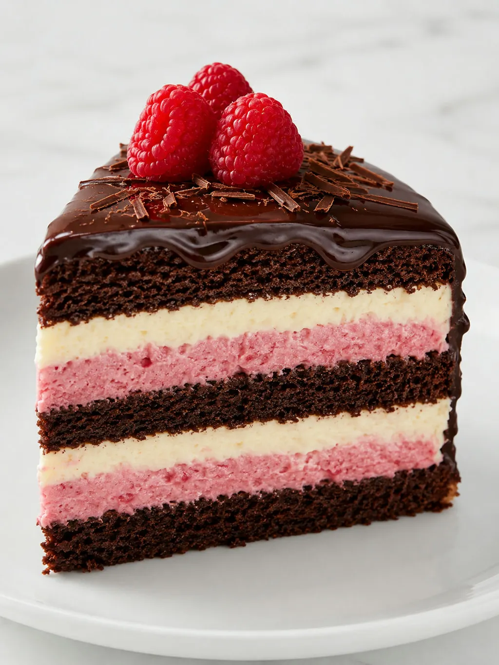 Close-up slice of cocoa cake showing cream and raspberry mousse layers with fresh raspberries