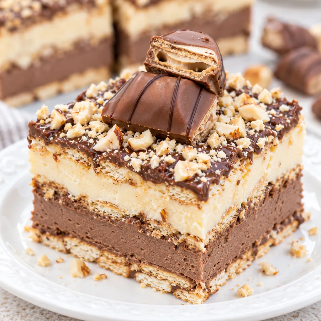 Kawałek ciasta Kinder Bueno z kremem czekoladowym i orzechami