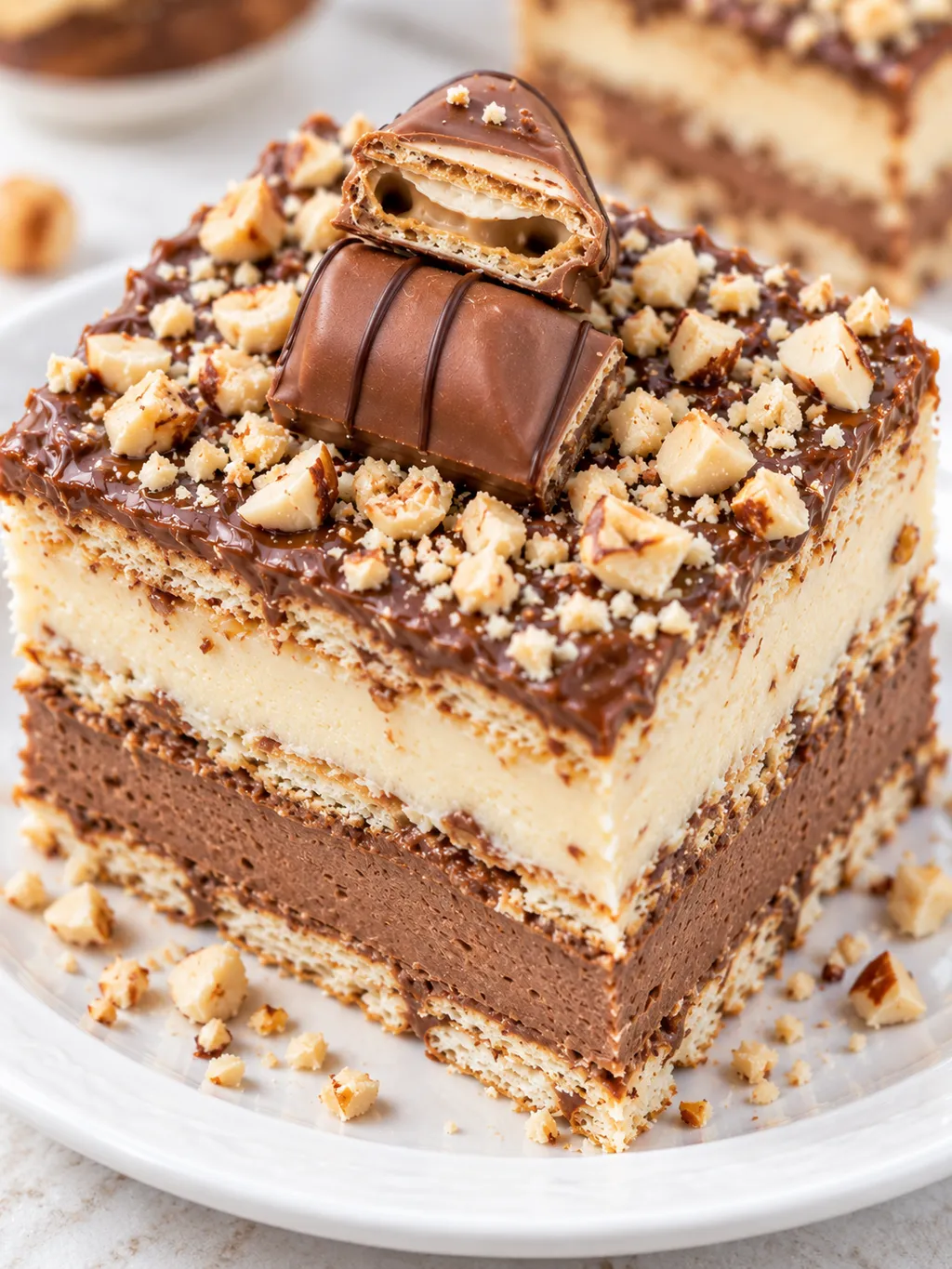 Warstwowe ciasto Kinder Bueno bez pieczenia z orzechami laskowymi