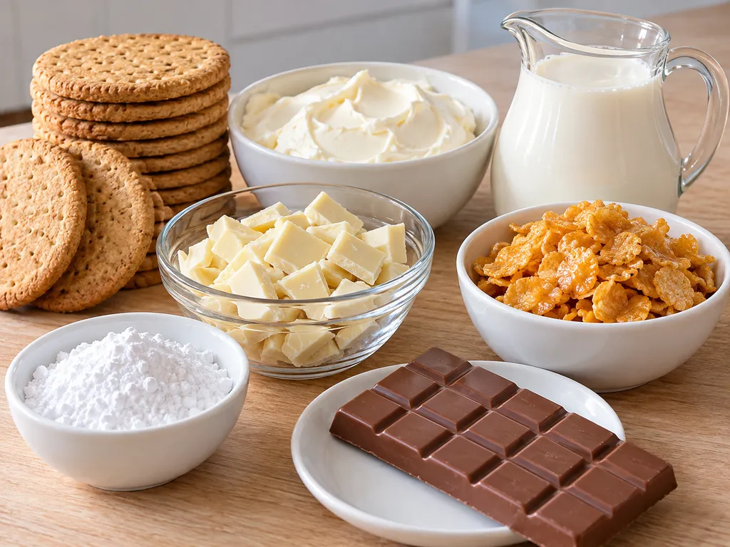 Składniki na ciasto Kinder Country: herbatniki, mascarpone, biała czekolada, płatki