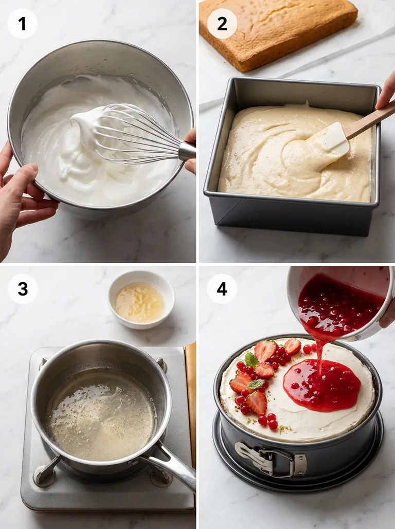 Four steps of making poppy seed sponge cake with cream and fresh currants