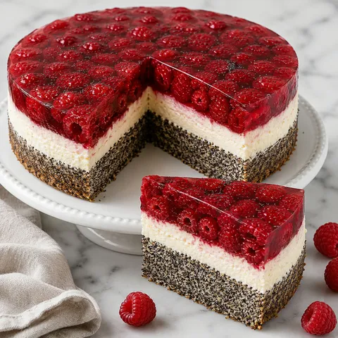 Layered poppy seed cake with mascarpone cream and glossy raspberry jelly, sliced