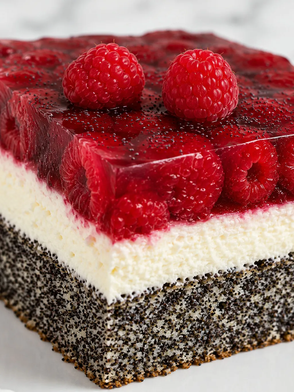 Close-up slice of poppy seed cake with mascarpone cream and raspberry jelly layers
