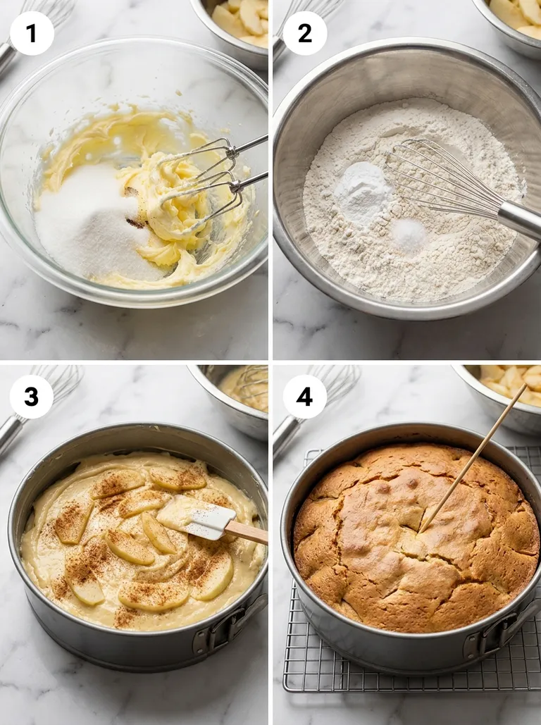 Four steps of making a butter apple cinnamon cake from creaming to baking