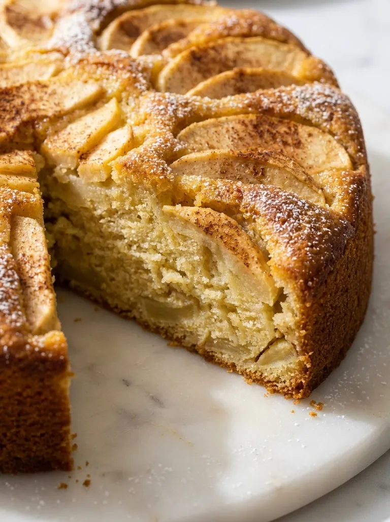 Sliced butter cake with a layer of soft cinnamon apples inside