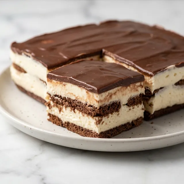 Sliced Milky Way no-bake cake with layered biscuits, milk cream and chocolate glaze