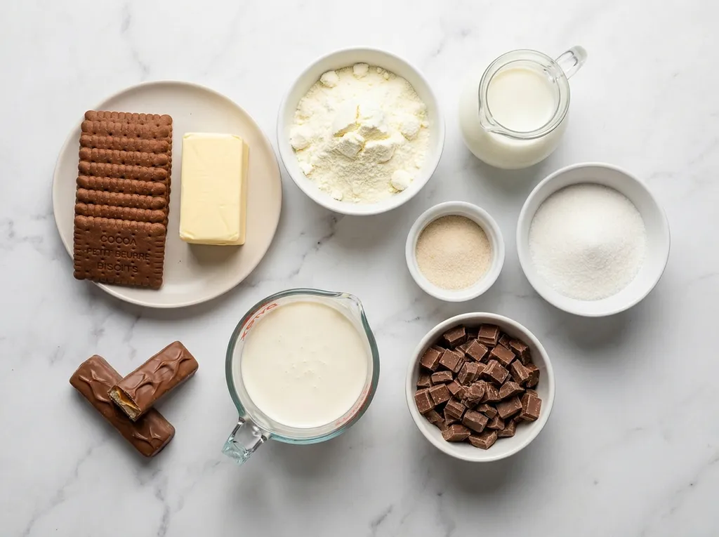 Raw ingredients for Milky Way no-bake cake including biscuits, butter and powdered milk