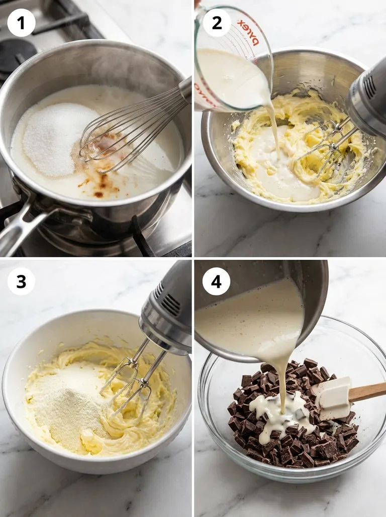 Four steps of making Milky Way no-bake cake from whipped cream to chocolate glaze