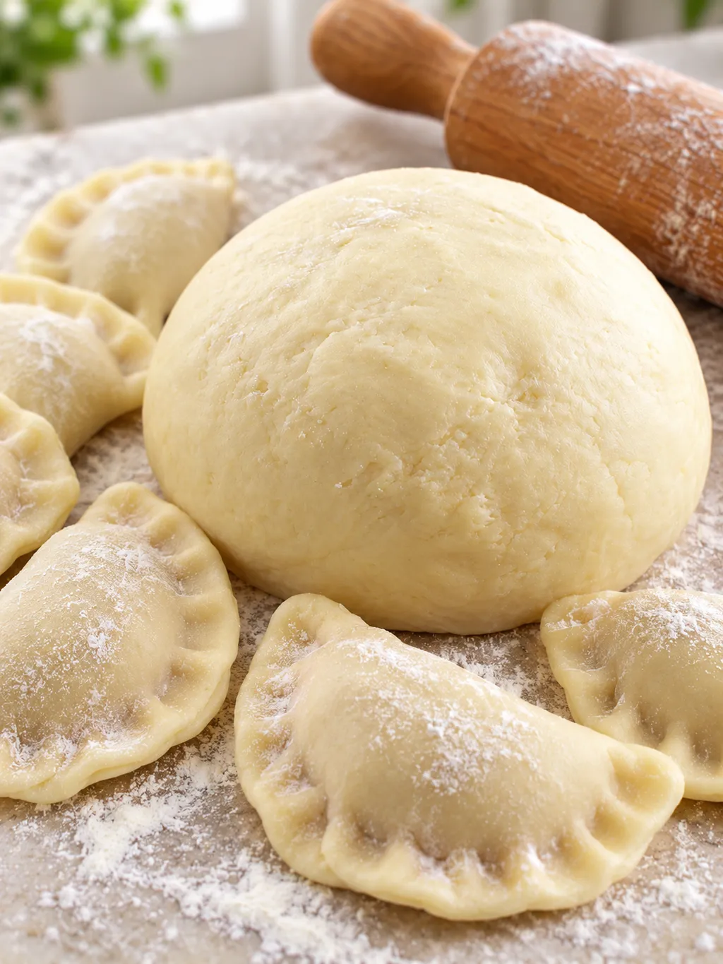 Ciasto na pierogi z masłem i świeżo ulepione pierogi na stolnicy