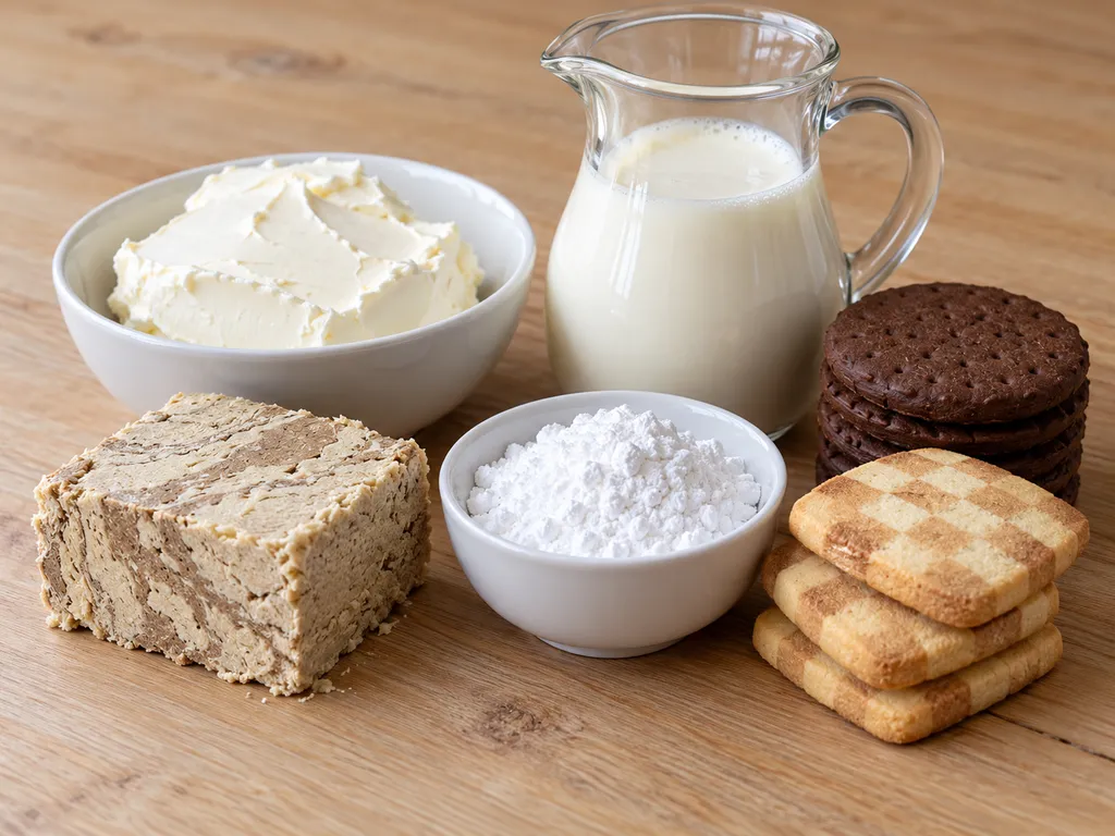 Surowe składniki na ciasto perskie: chałwa, mascarpone, śmietana i herbatniki kakaowe