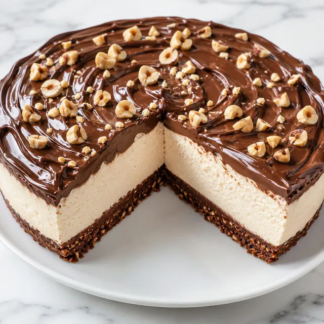 Sliced no-bake Philadelphia cream cheese cake with Nutella and hazelnuts