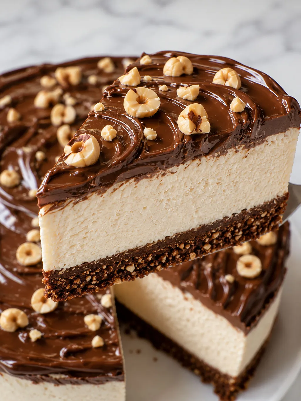 Close-up slice of layered no-bake Philadelphia Nutella cake with hazelnuts