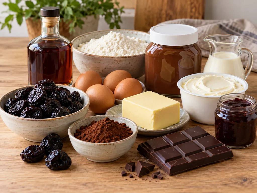 Składniki na ciasto pijana śliwka: suszone śliwki, rum, kakao, nutella i mascarpone