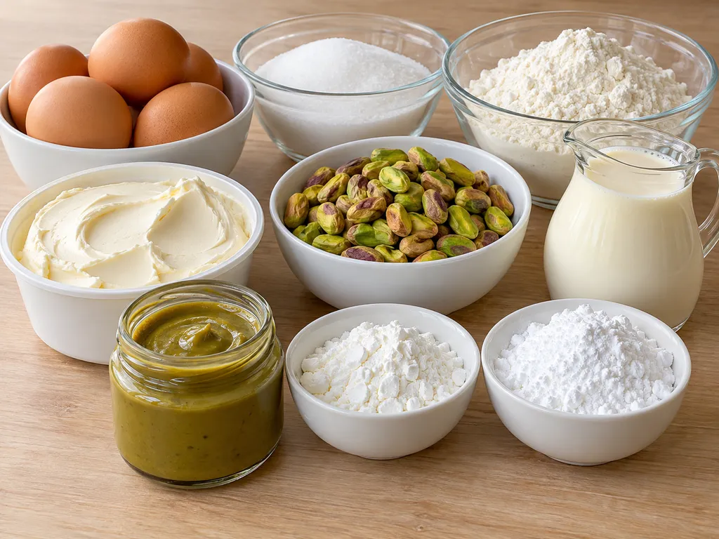 Składniki na Pistacjowe Niebo: jajka, mascarpone, pistacje i pasta pistacjowa