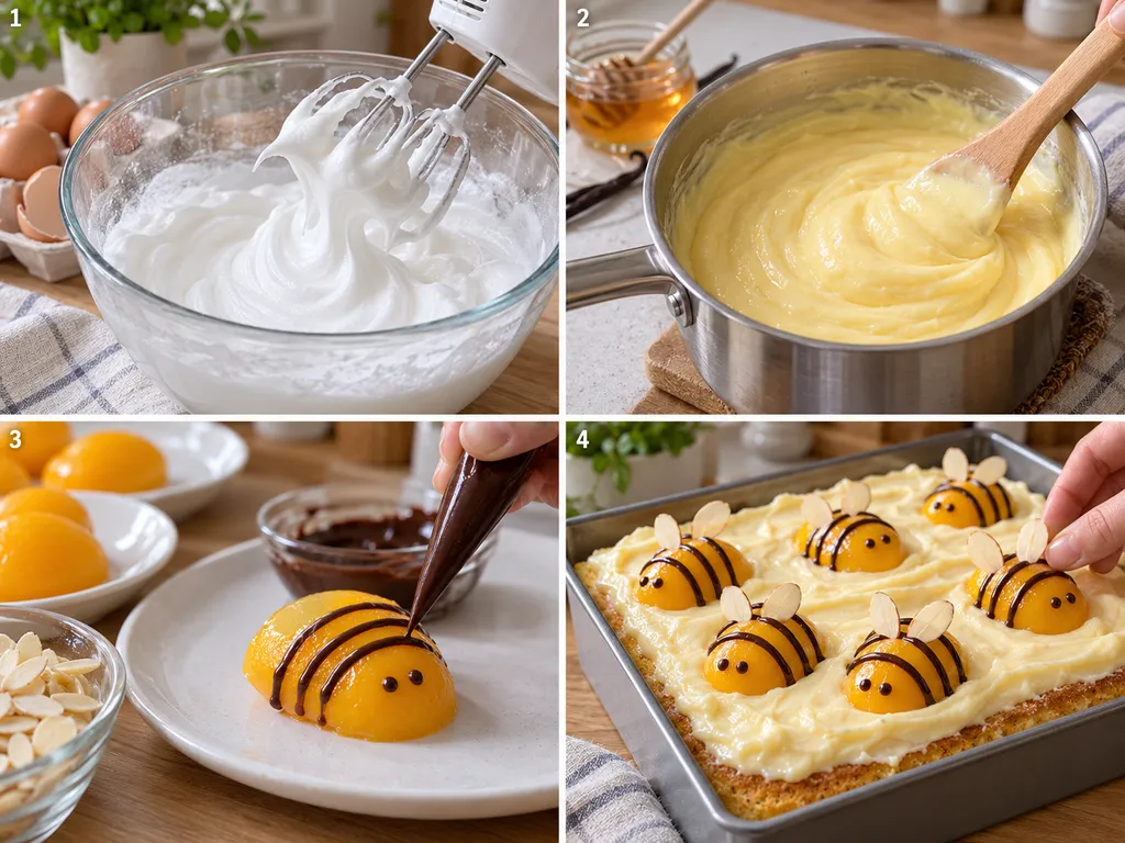 Cztery etapy przygotowania ciasta pszczółka Maja od biszkoptu do dekorowania brzoskwiń
