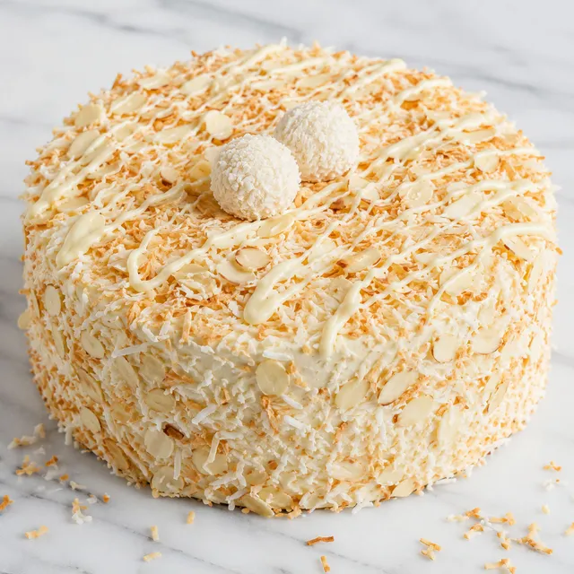 Round coconut Raffaello cake covered in toasted coconut and almond flakes