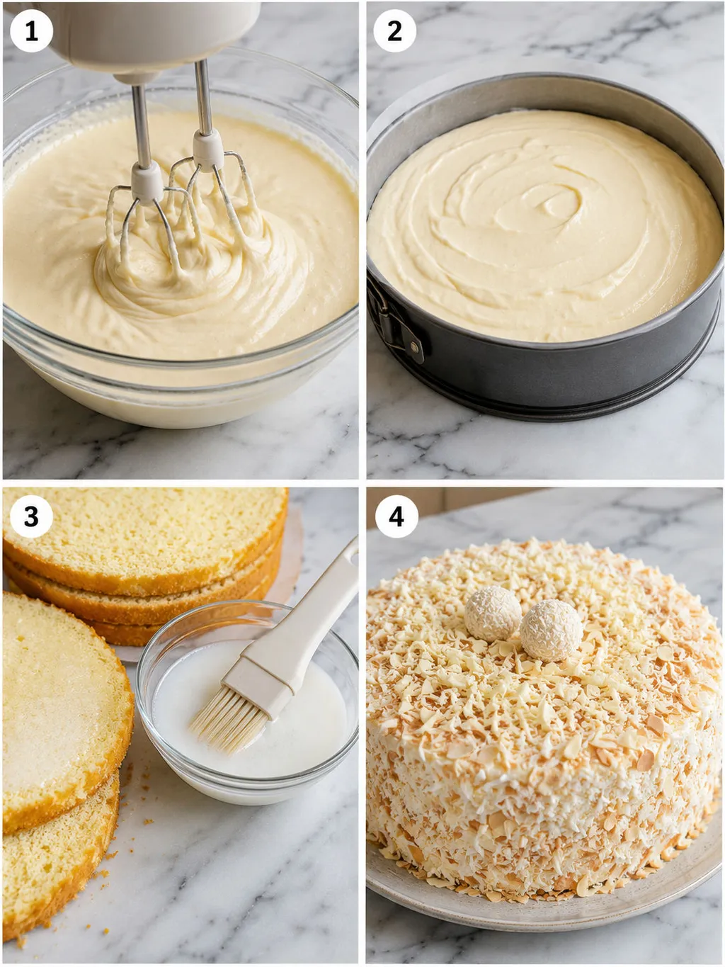 Four steps of making a coconut Raffaello cake from whipping batter to coating with cream