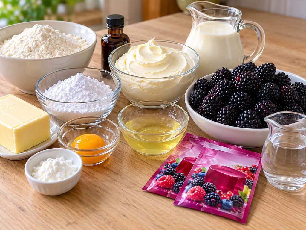 Składniki na ciasto jeżynowe z wanilią: mąka, masło, mascarpone i jeżyny