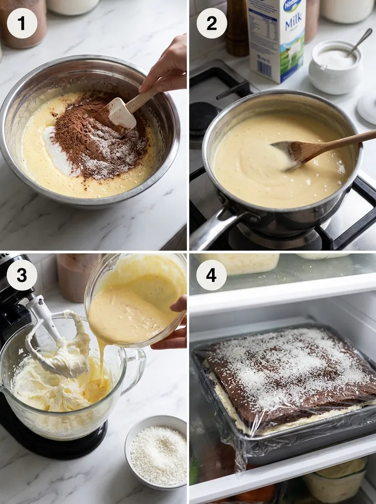 Four steps of making a kajmak coconut cocoa cake from slicing the sponge to sprinkling coconut on top