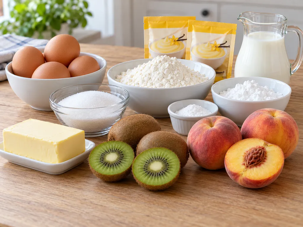 Składniki na ciasto z kiwi i brzoskwiniami: jajka, mąka, masło, budyń, kiwi i brzoskwinie