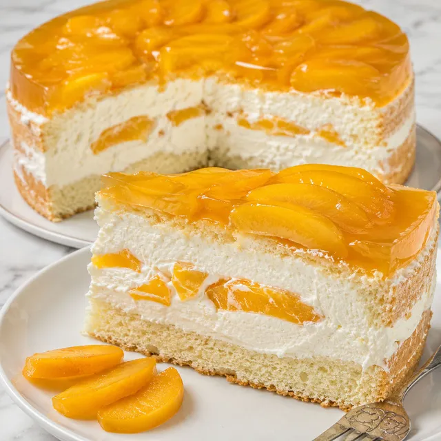 Sliced peach and mascarpone layer cake with glossy jelly glaze on top