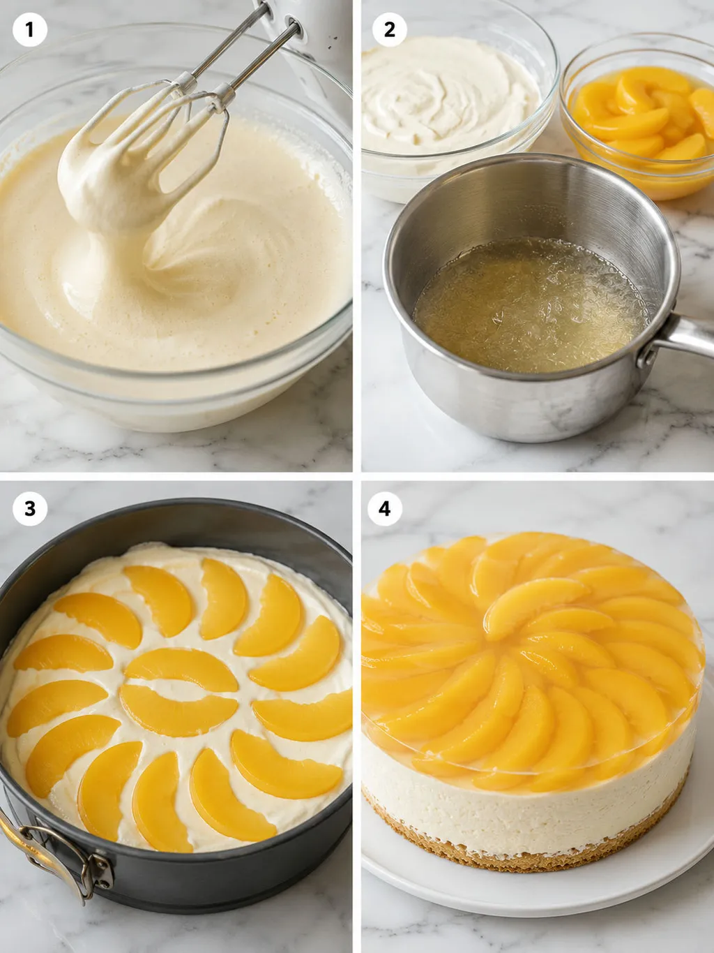 Four steps of making peach and mascarpone cake from batter to jelly glaze