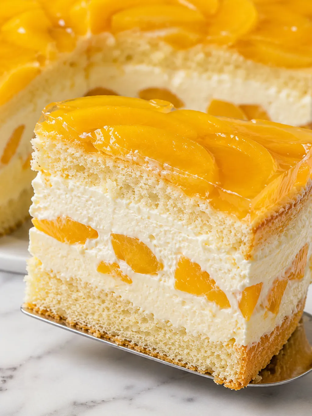 Close-up slice of peach and mascarpone cake showing creamy layers