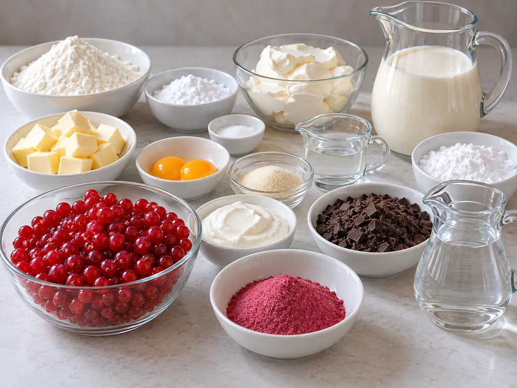 Składniki kruchego ciasta z porzeczkami, mascarpone, śmietanką, czekoladą i galaretką