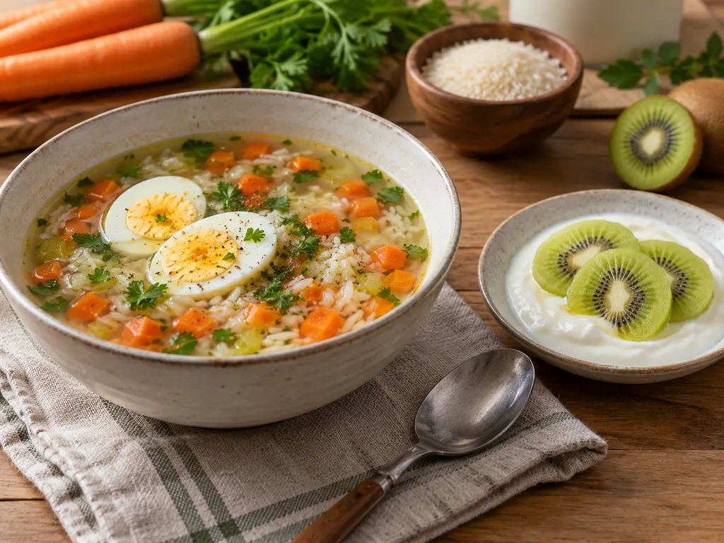 Zupa warzywna z ryżem i jajkiem oraz jogurt z kiwi jako łagodny posiłek
