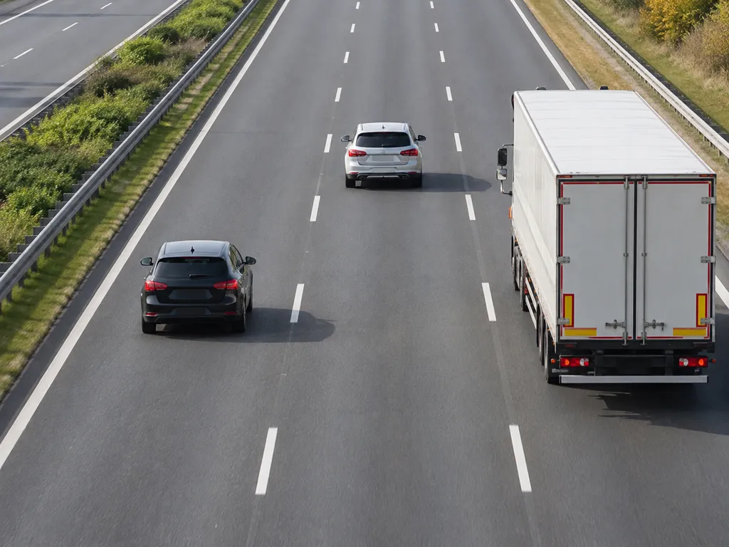 Ciężarówka i dwa samochody na trzech pasach autostrady, widziane z góry.