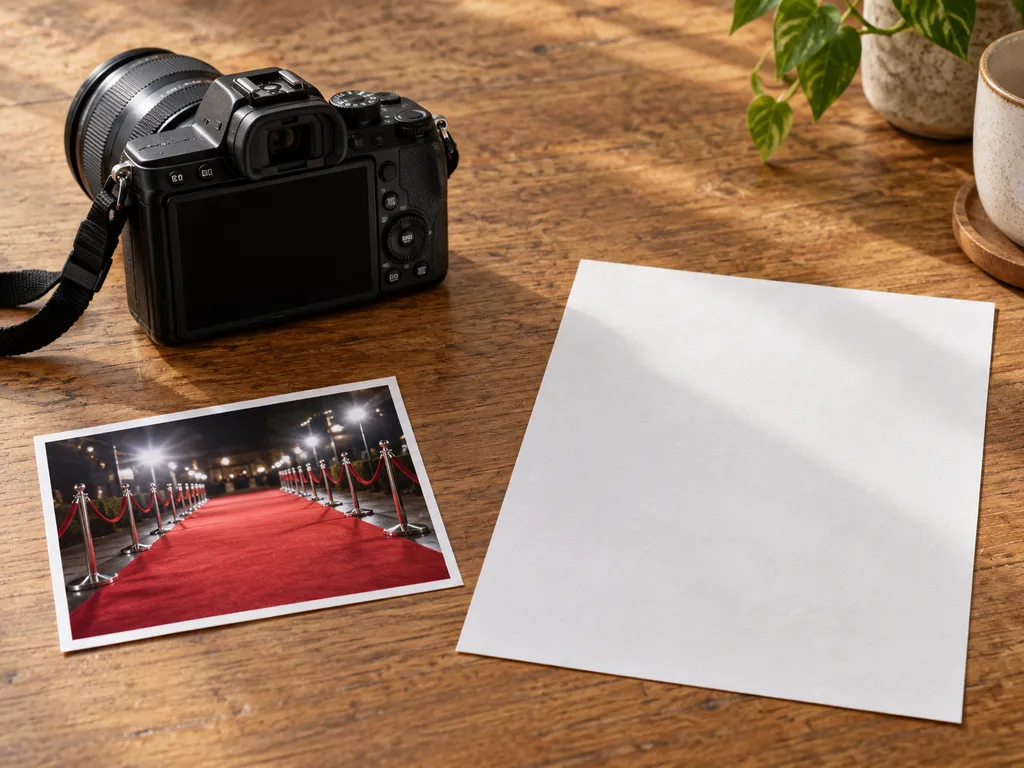 Aparat, fotografia pustego czerwonego dywanu i oddzielny czysty arkusz.