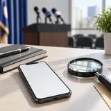 Smartfon, notes i lupa na biurku, z pustymi mikrofonami w rozmytym tle.