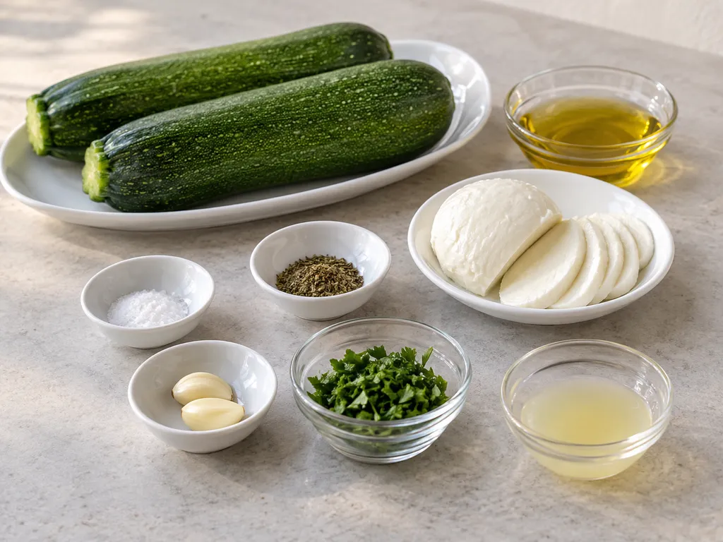 Dwie cukinie, mozzarella, oliwa, czosnek, oregano, przyprawy, natka i sok z cytryny