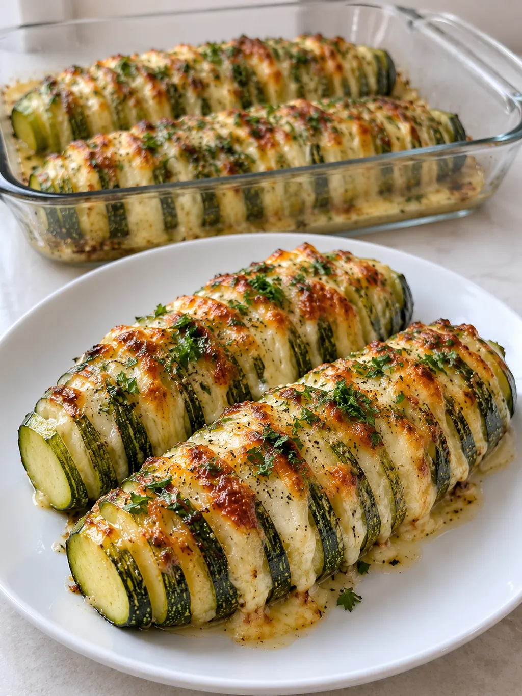 Cukinia Hasselback z mozzarellą w szklanym naczyniu i porcja na białym talerzu