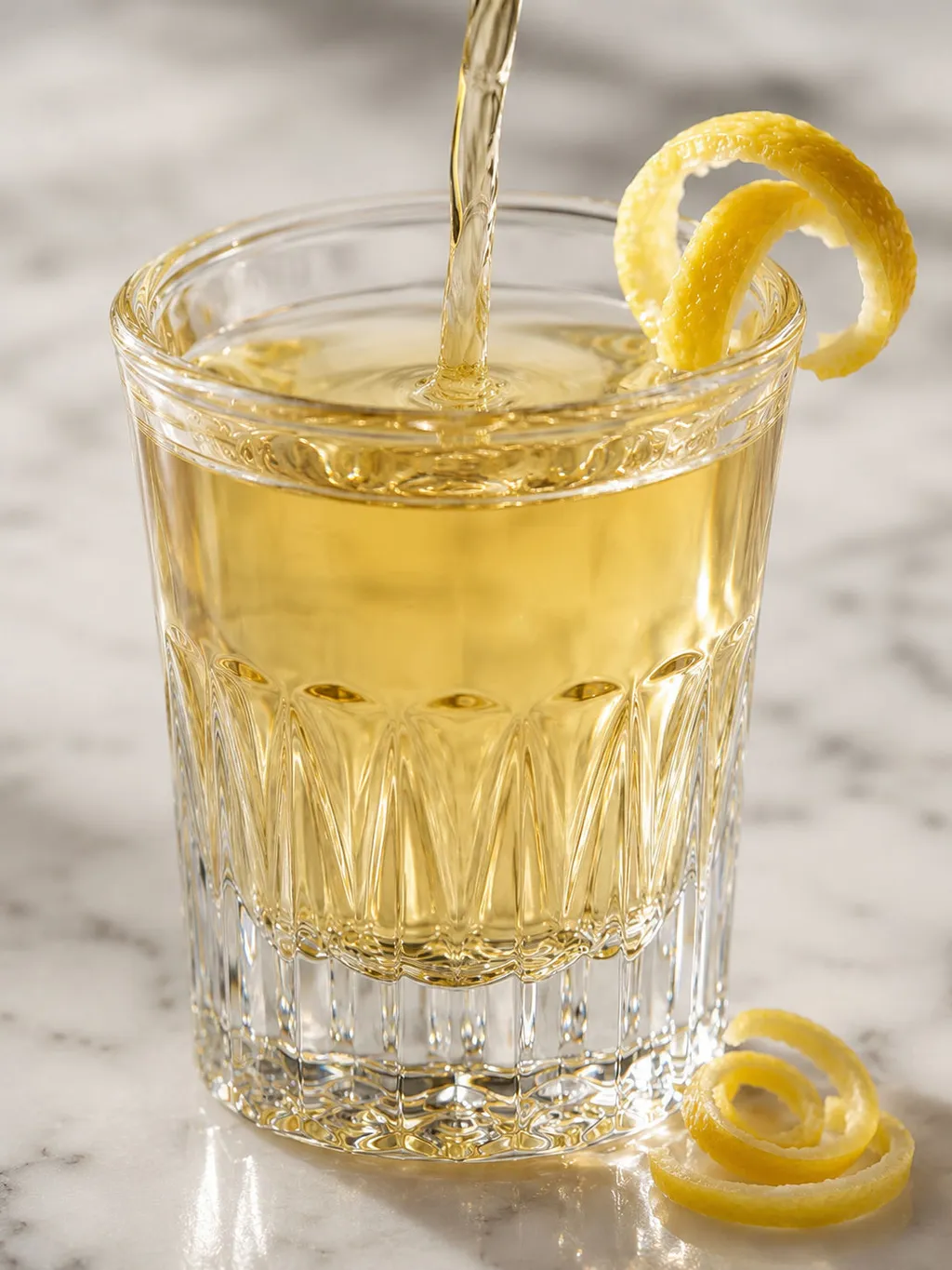 Glass of golden homemade cytrynówka lemon liqueur being poured