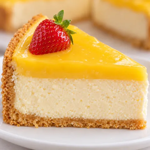 Kawałek sernika z lemon curd z widocznym przekrojem warstw na białym talerzu