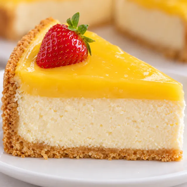 Kawałek sernika z lemon curd z widocznym przekrojem warstw na białym talerzu