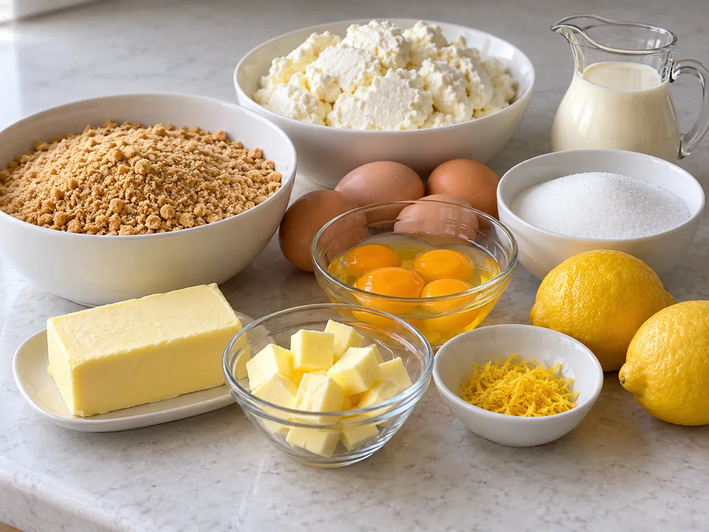 Surowe składniki na sernik z lemon curd: twaróg, jajka, cytryny i masło w miskach