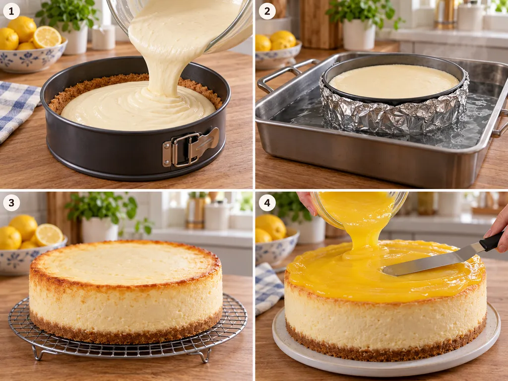 Cztery etapy przygotowania sernika z lemon curd, od masy po polewanie kremem