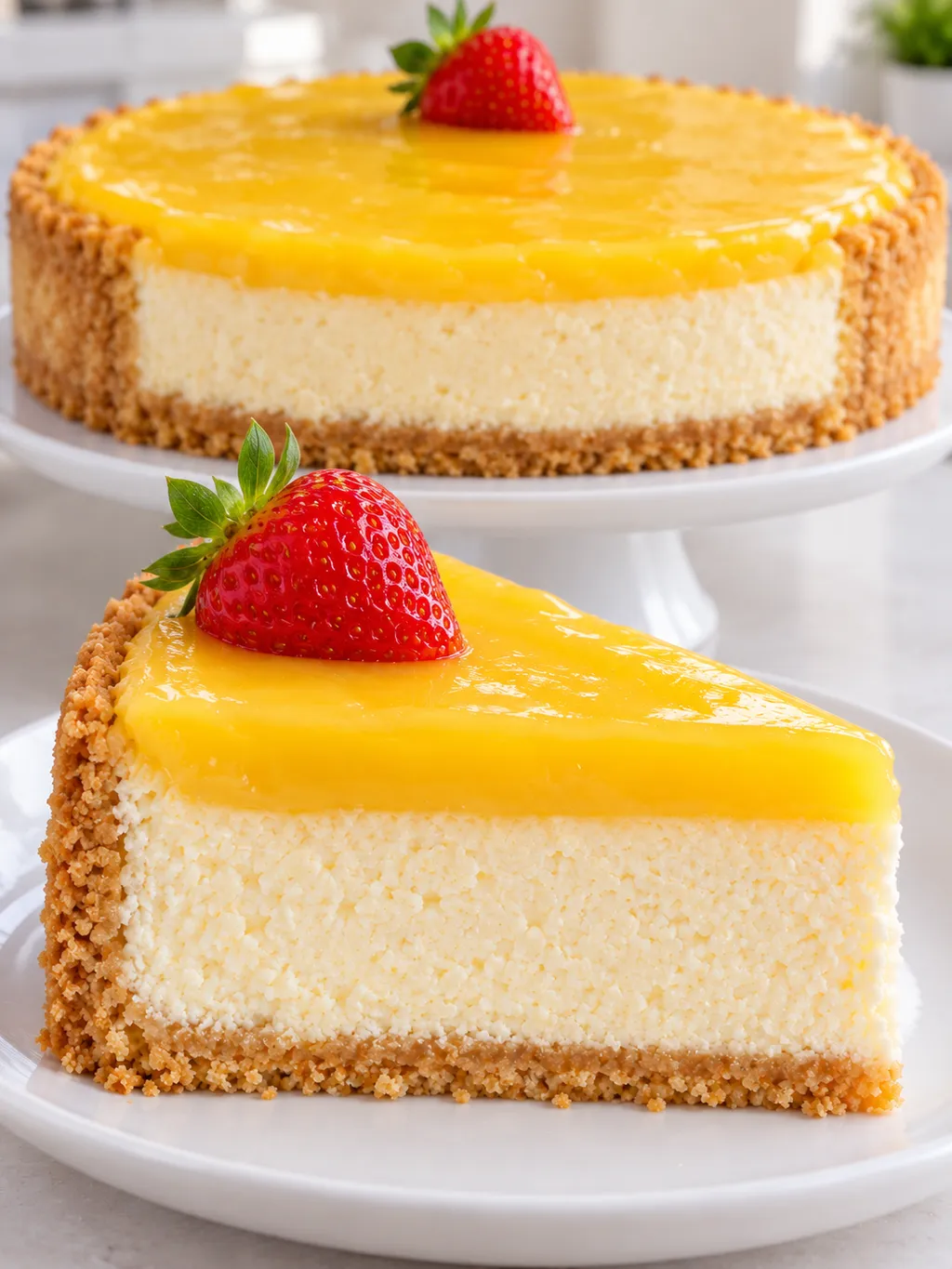 Cały sernik z lemon curd w tle i jedna porcja na talerzu z przodu