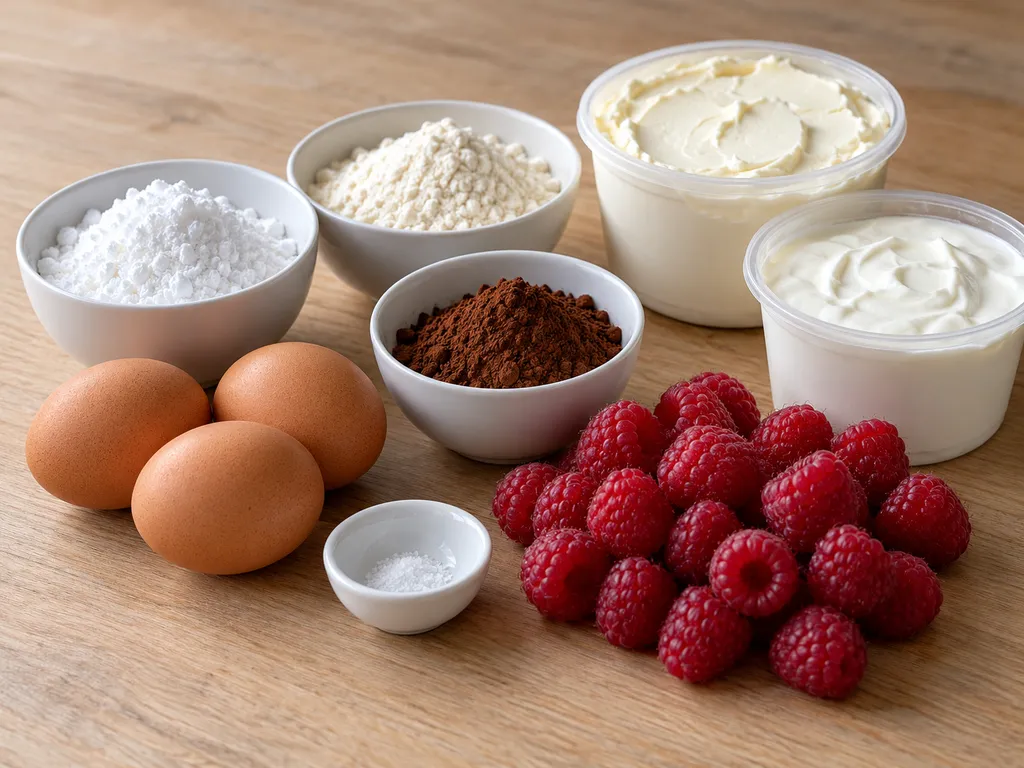 Jajka, kakao, mąka, mascarpone, skyr i świeże maliny na blacie kuchennym