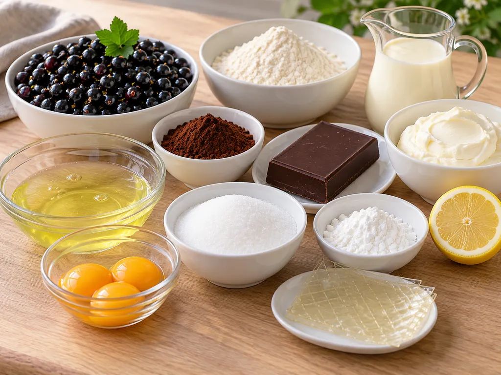 Składniki na ciasto Cassis: czarna porzeczka, mascarpone, czekolada, mąka i jajka