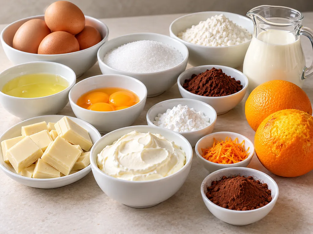 Składniki na ciasto czekoladowe z kremem pomarańczowym i bezą na blacie