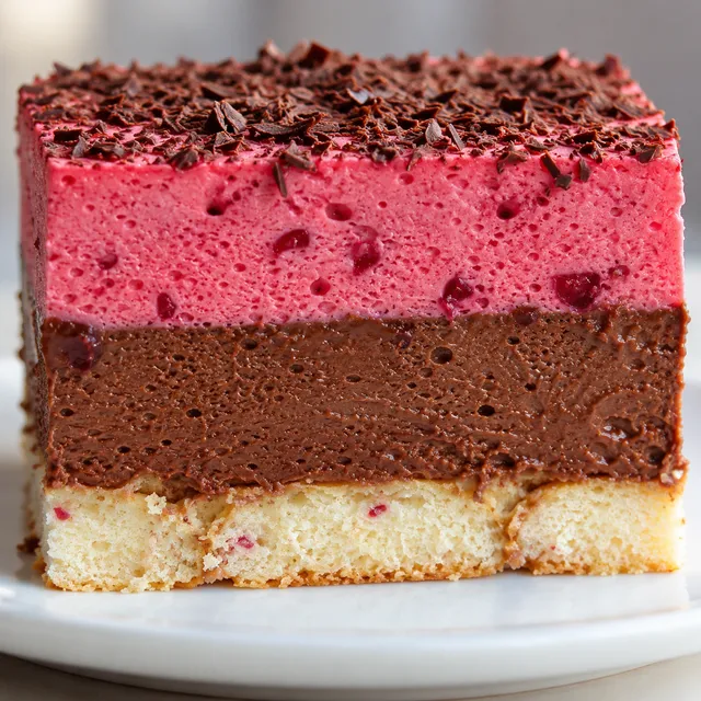 Square slice of chocolate cherry mousse cake with biscuit base, chocolate mousse and pink cherry mousse layers