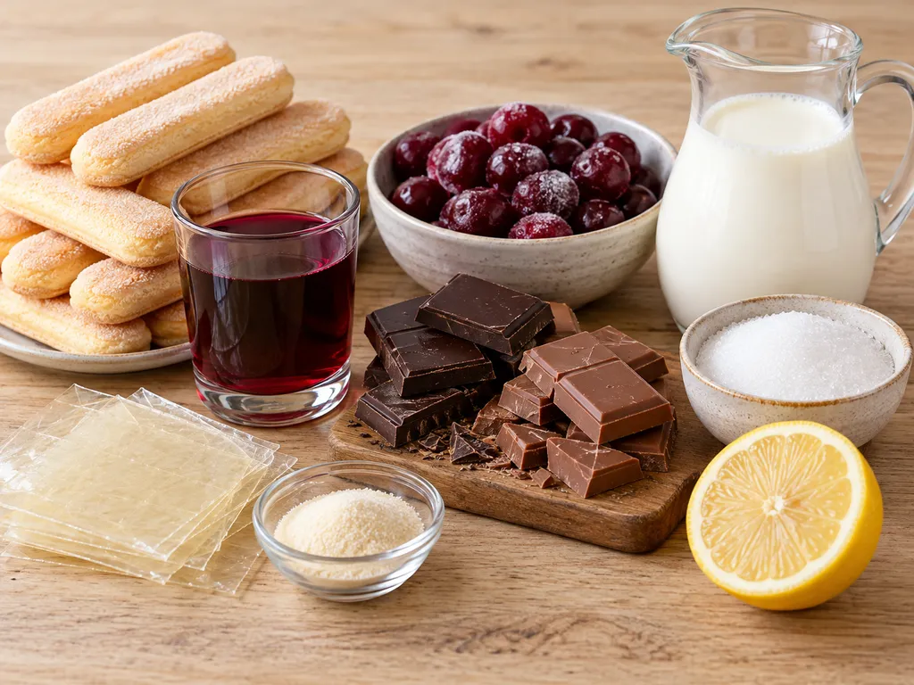 Raw ingredients for chocolate cherry mousse cake including biscuits, chocolate, cream, frozen cherries and gelatin